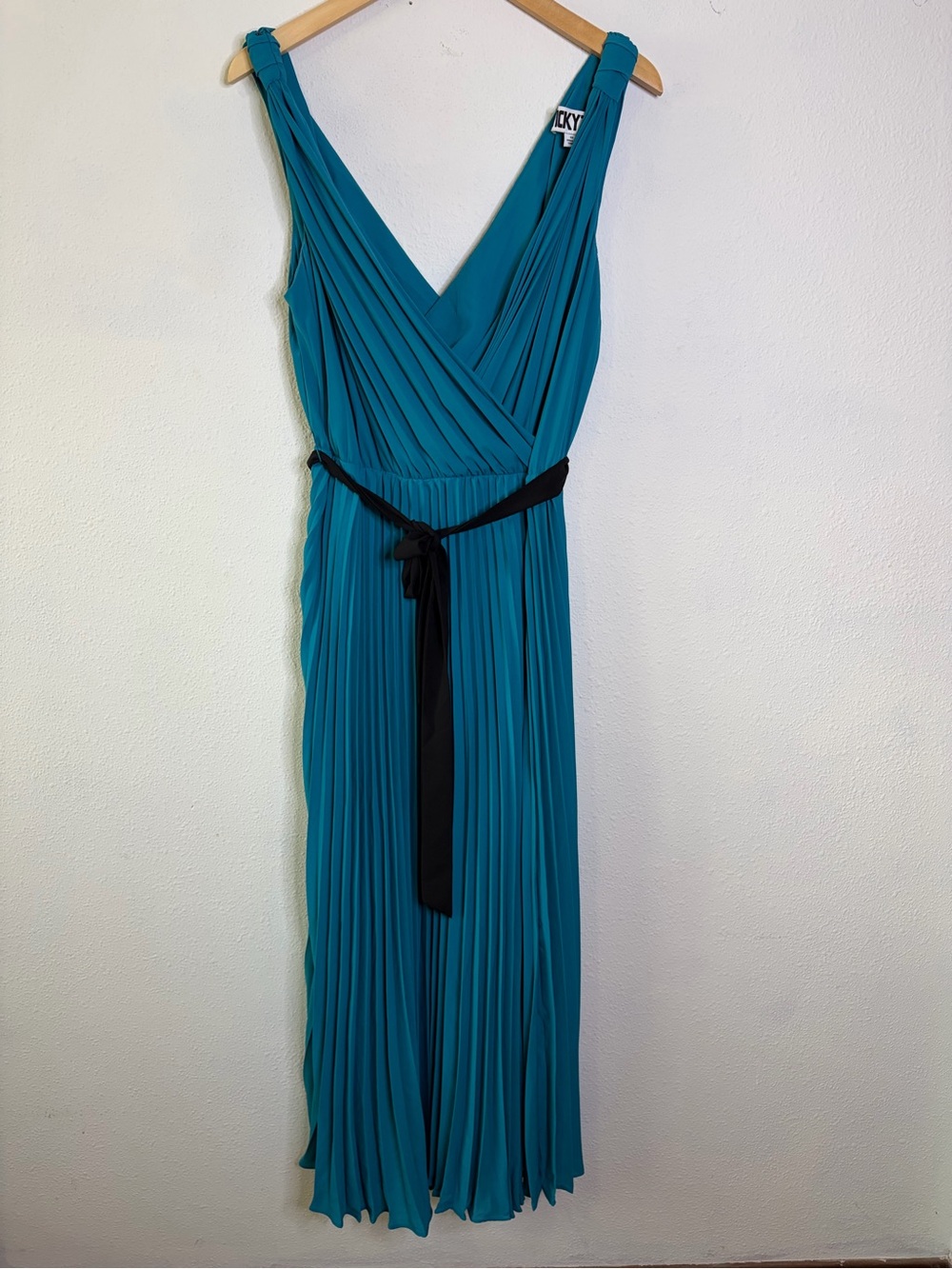 Pleated V-Neck Teal Maxi Dress Black tie belt evening wedding guest 1x gown